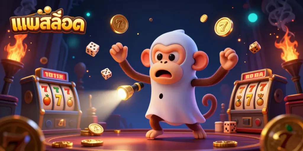 Experience แบบสล็อต magic with a poltergeist monkey juggling golden casino elements and a puppy hunter chasing in a haunted casino