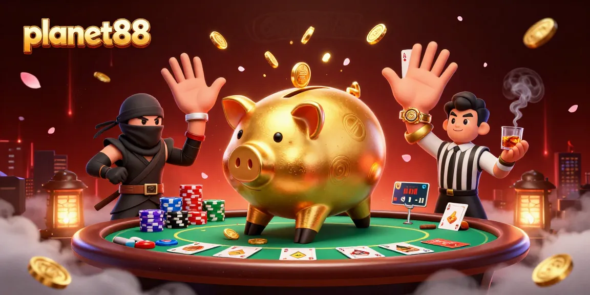 Planet88 showcases a dynamic casino scene with a piggy bank sumo wrestler surrounded by poker action.