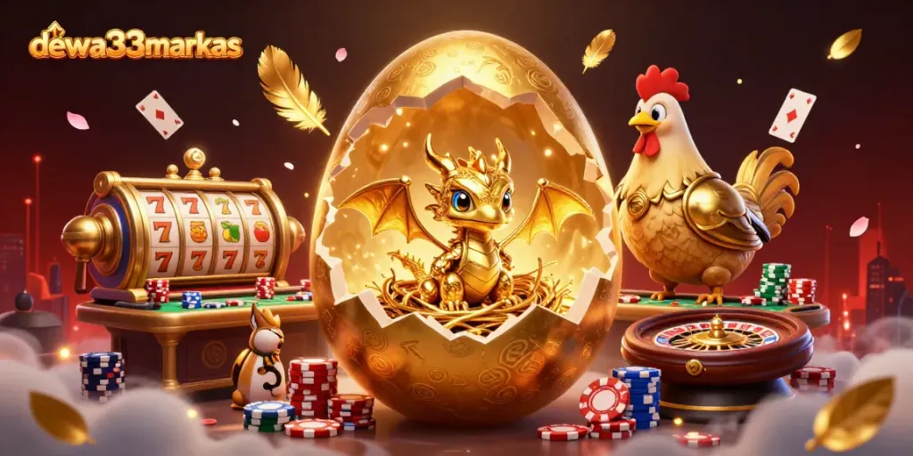 Engage with dewa33markas as a golden egg reveals treasure in a vibrant casino scene.