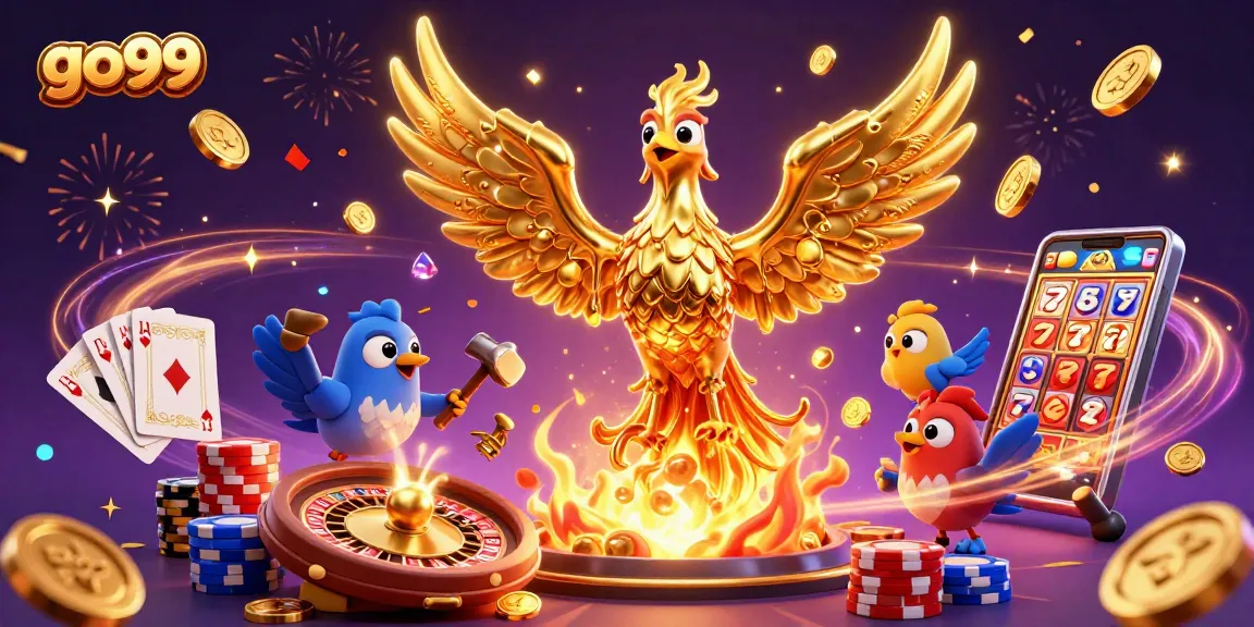 Win with go99 in a vibrant 3D casino scene, showcasing thrilling games and rewards.