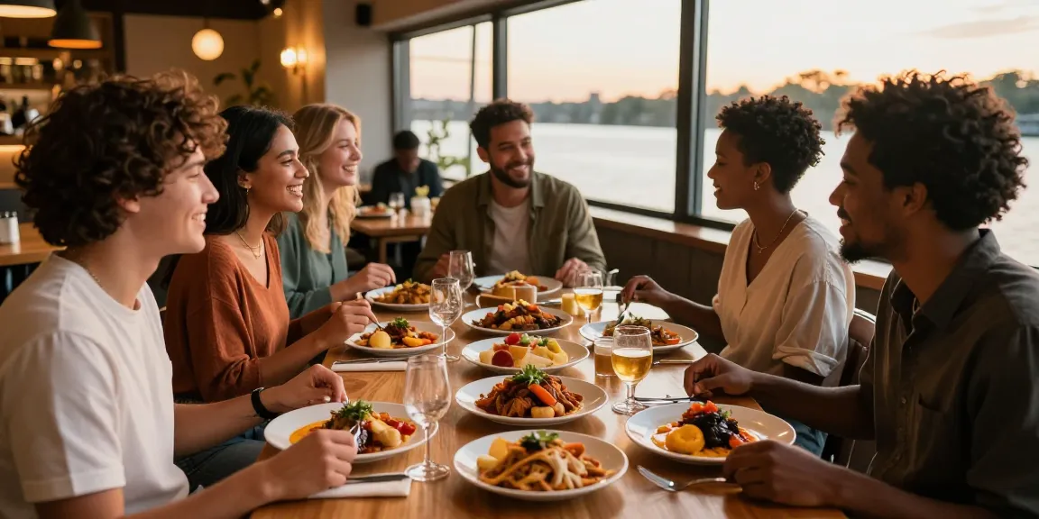 Friends enjoying a meal at River City Restaurant while using rokok88 login for recommendations.