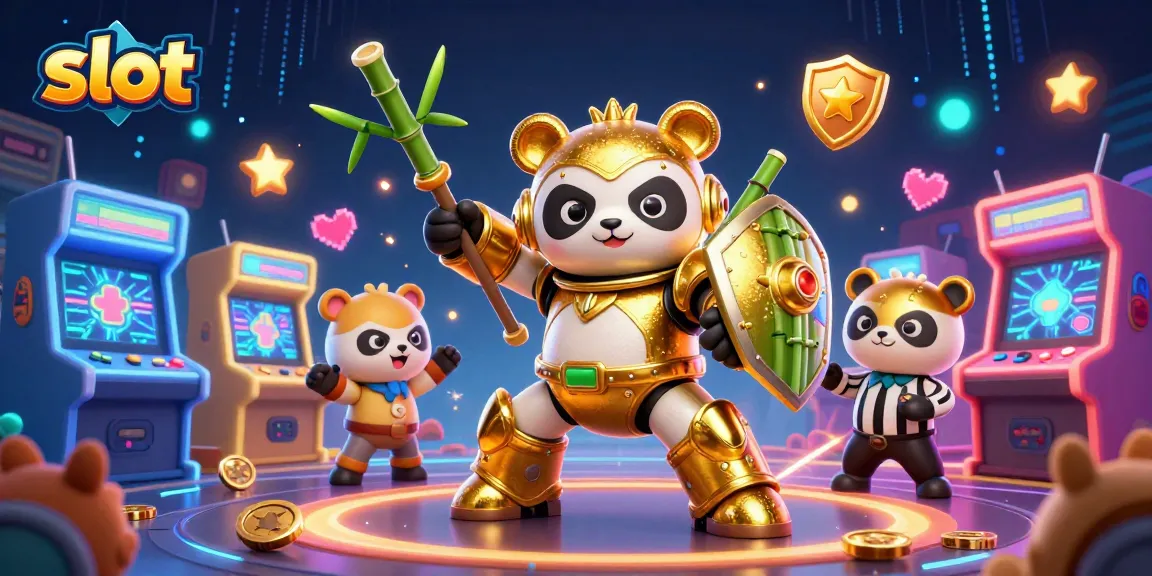 Slot gacor online dengan panda emas dalam robot tempur di arena game yang ceria.