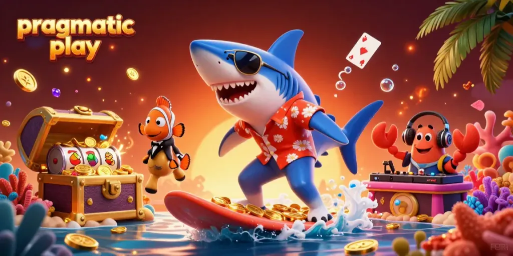 Menangkan permainan dengan pragmatic play, ilustrasi kasino bawah laut yang dinamis dan penuh warna.