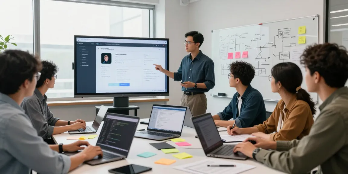 Diverse professionals discussing the features of a free ai detector in a modern workspace.