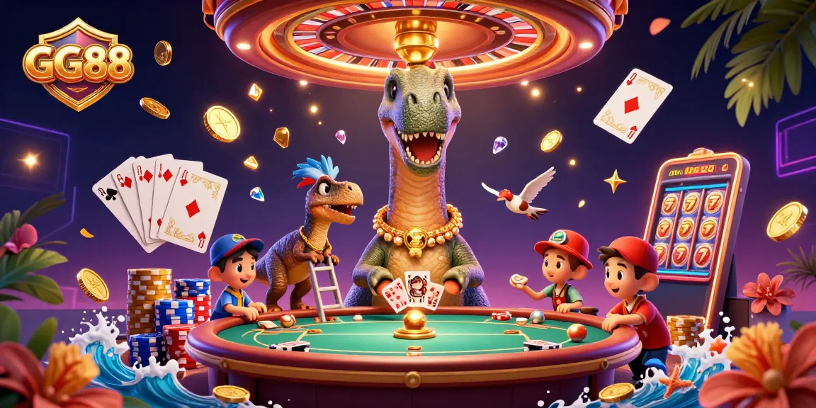 Experience thrilling casino moments with GG88 as a brontosaurus oversees a poker game.