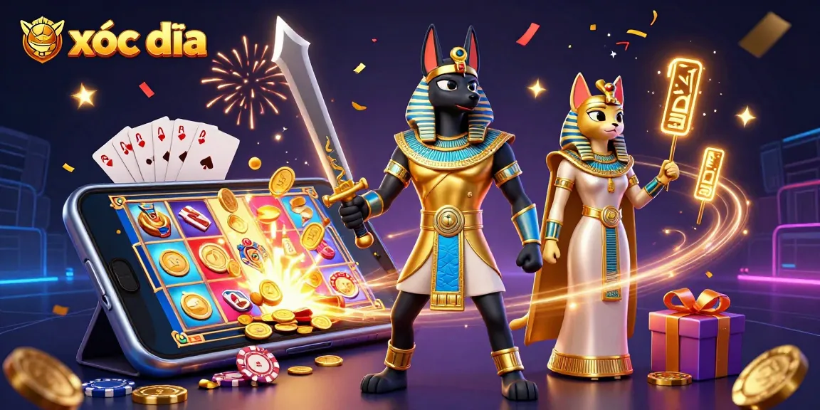 Xóc đĩa action scene featuring Anubis warrior and Bastet with slot game elements erupting in vivid 3D.