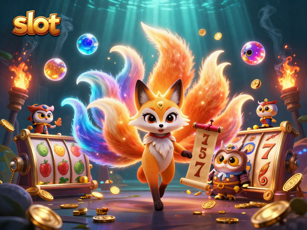 Spin the slot reels with vibrant symbols and golden jackpots illuminated in an enchanting scene.
