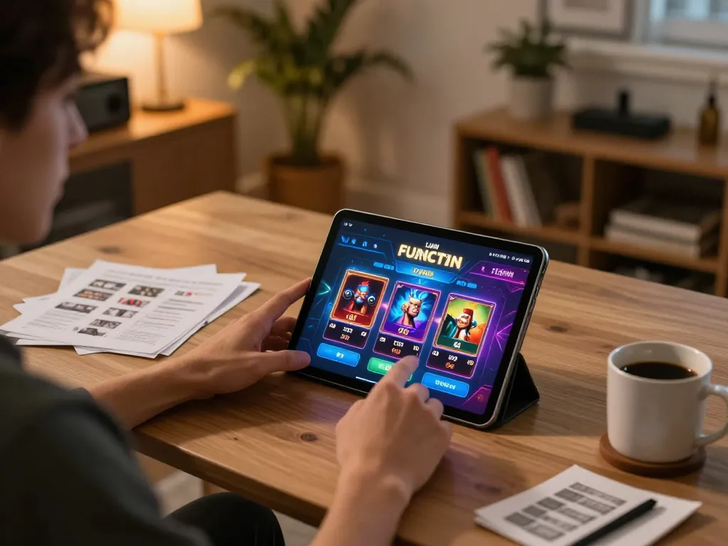 Player engaging with LLWIN Function interface on a tablet during a cozy home gaming session.