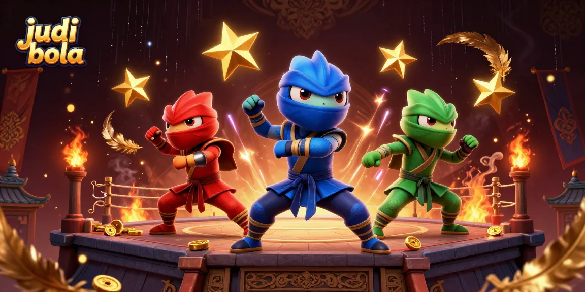 Experience thrilling judi bola action with animated chameleon ninjas in a vibrant, detailed 3D scene.