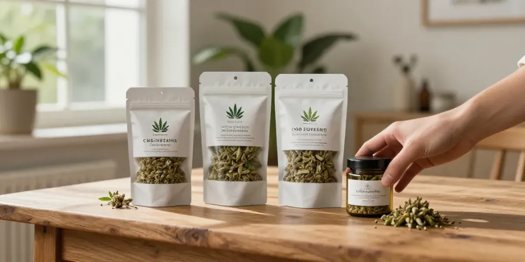 CBD Blüten kaufen - Premium Blüten in eleganter Verpackung auf einem rustikalen Holztisch.