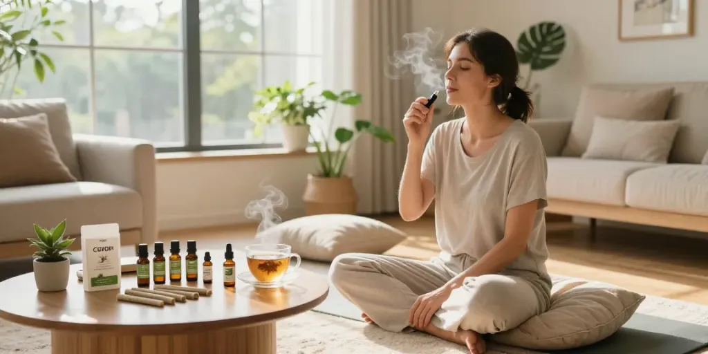 Pre rolled joints UK displayed in a cozy wellness scene with CBD vape, promoting natural relief and relaxation.