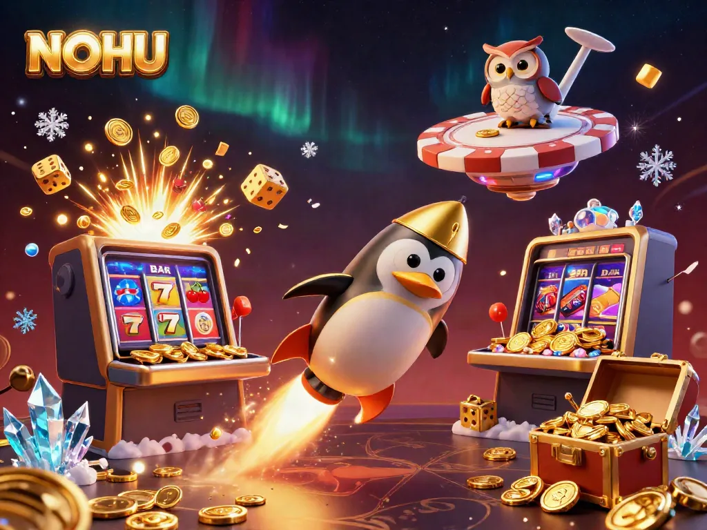 Experience the thrilling NOHU gaming universe as a golden penguin soars toward a jackpot explosion in vibrant space.