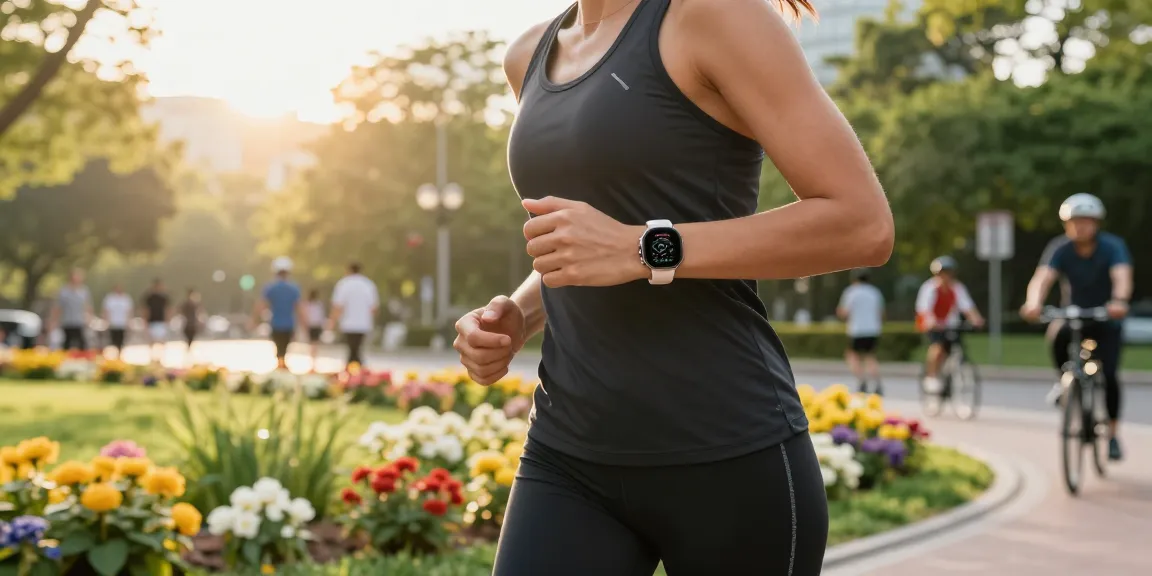 Fitbit Luxe smartwatch yang stylish dalam aktivitas jogging di taman perkotaan, menonjolkan desain dan fitur kebugaran di https://www.polarfitbitshop.com/fitbit-luxe/.