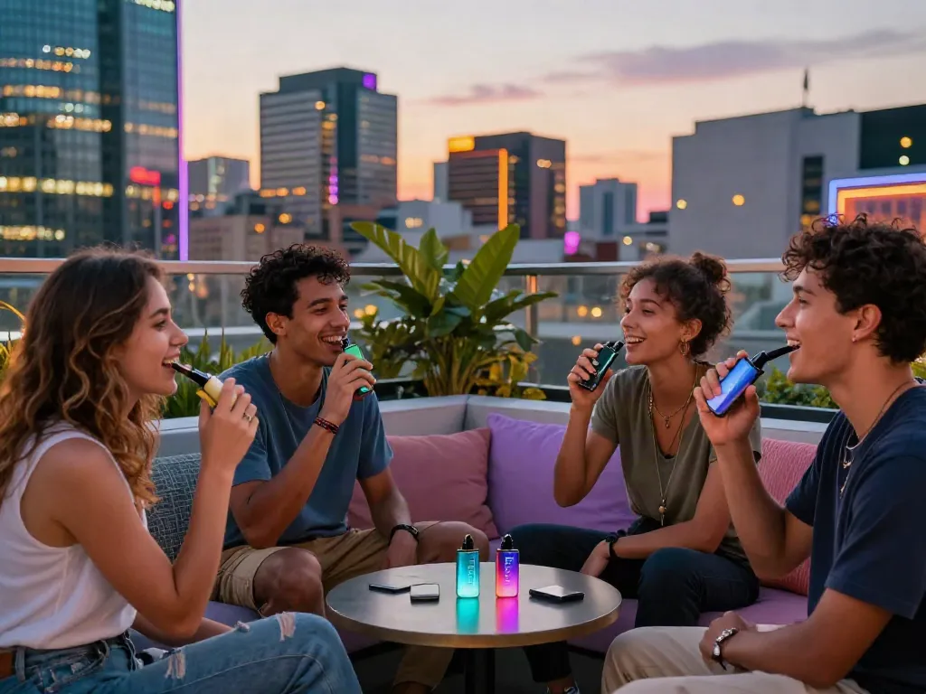 Friends enjoying Hitz infinity Gen 7 disposable vapes on a rooftop at sunset