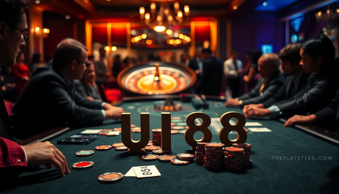 UU88 casino night with players at a poker table, chips, and a roulette wheel.