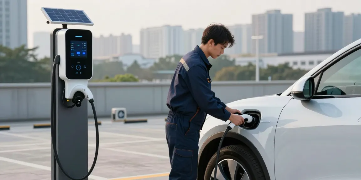 Dc fast charger manufacturer technician installing a DC fast charger at an electric vehicle station in an urban setting.