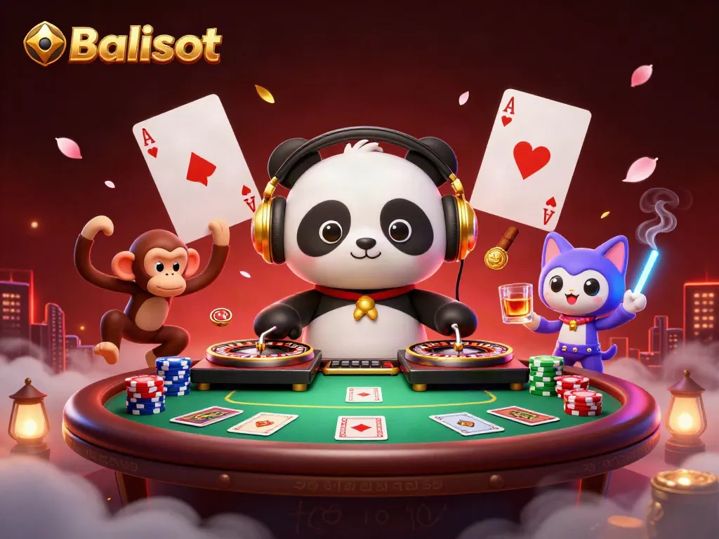 Balislot's 3D cartoon DJ panda spins winning tables amidst vibrant casino characters and rich game elements.