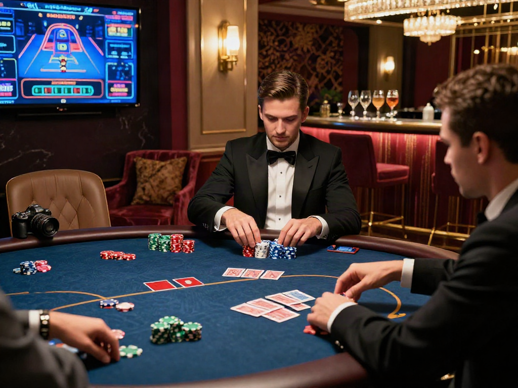 Kasino online luxury12 dengan pemain elegan di meja poker yang mewah.