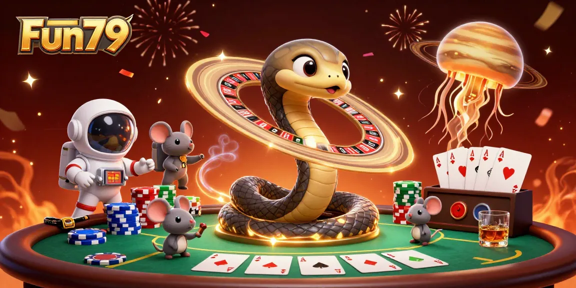 Experience the excitement at Fun79 with a vibrant 3D casino scene featuring a roulette wheel and betting mice.