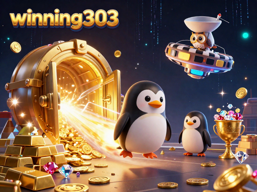 Winning303 showcases a dynamic penguin spacecraft in a vibrant casino galaxy, emphasizing excitement and treasures.