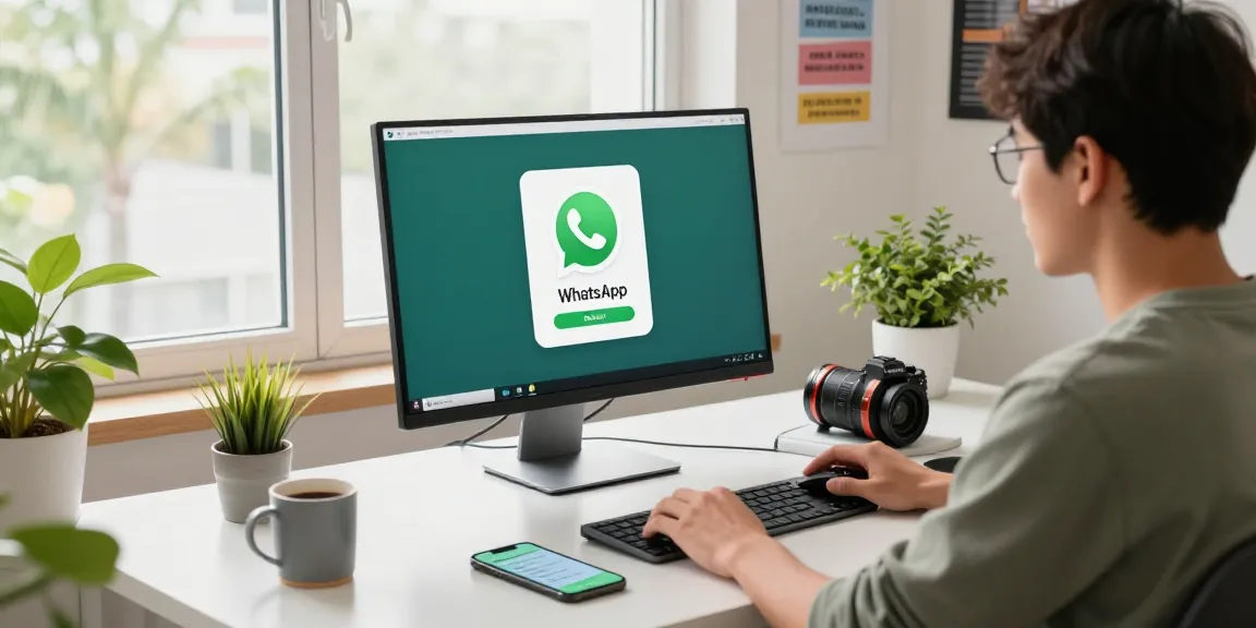 Using WhatsApp電腦版 on a modern workspace desk with vibrant lighting.