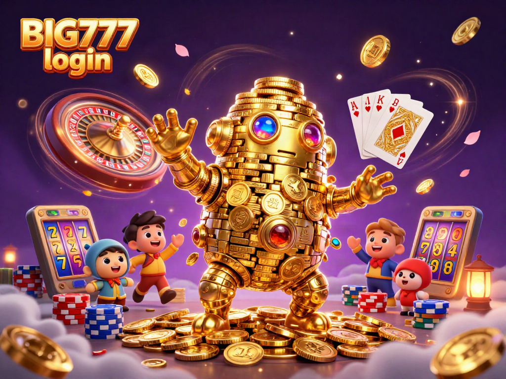 Engage in thrilling gaming adventures with BIG777 login, featuring a golden golem and casino elements.