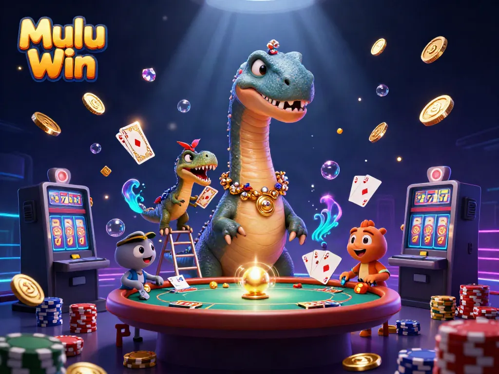 Experience the excitement of Mulu Win with a whimsical 3D casino illustration featuring a giant brontosaurus and clever raptor.