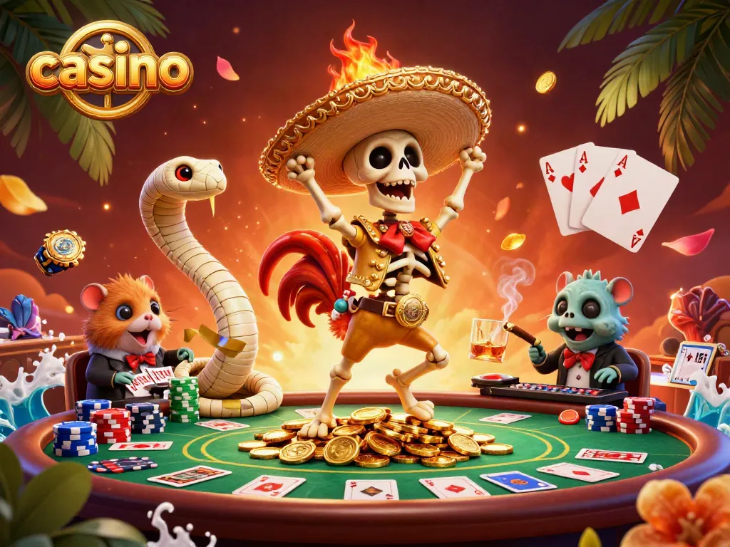 Experience casino thrills with a cartoon skeleton mariachi rooster celebrating atop golden coins.