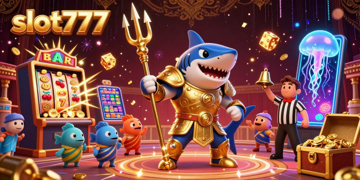 Experience slot777 action with the tiger shark leading a jackpot celebration amidst vibrant casino elements.