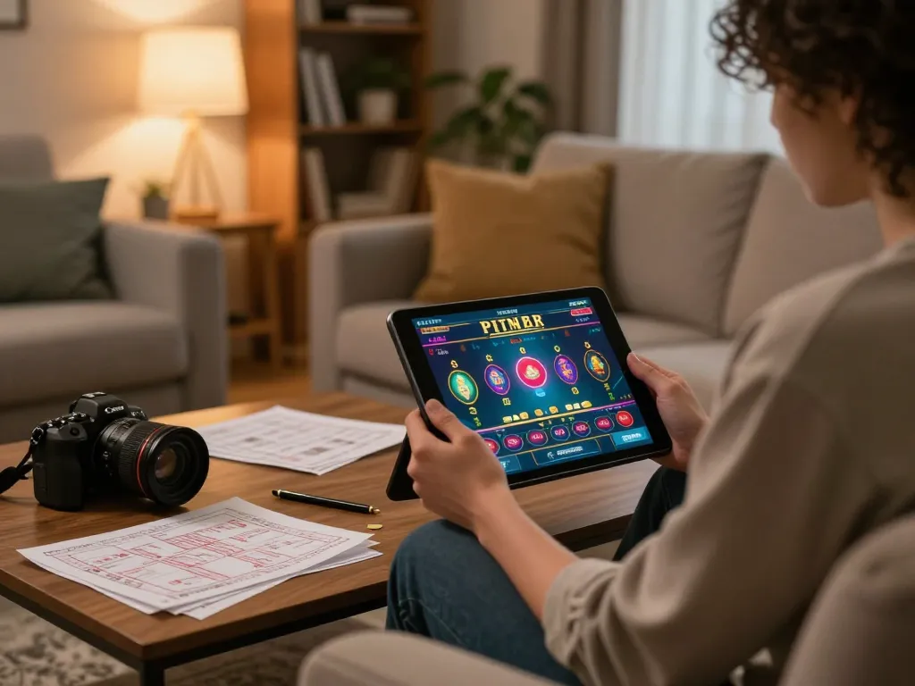Engaging with the BJ886 online casino app, a user strategizes from a cozy home setting.