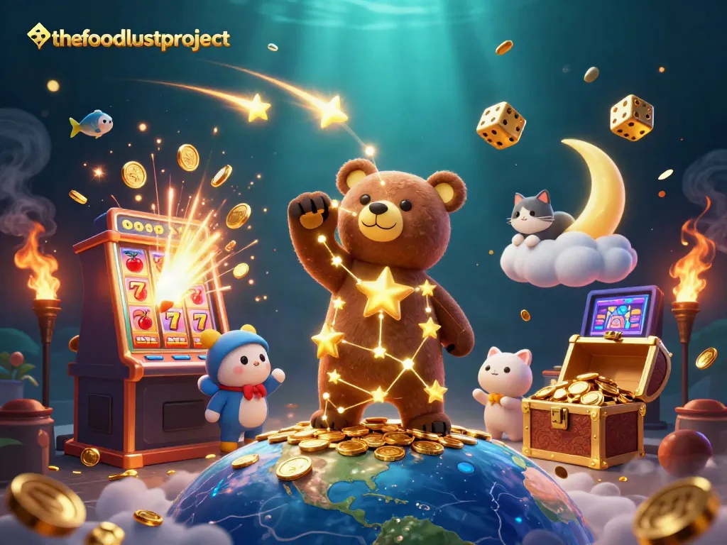 Permainan kasino di thefoodlustproject dengan bintang emas dan mesin slot meledak jackpot.