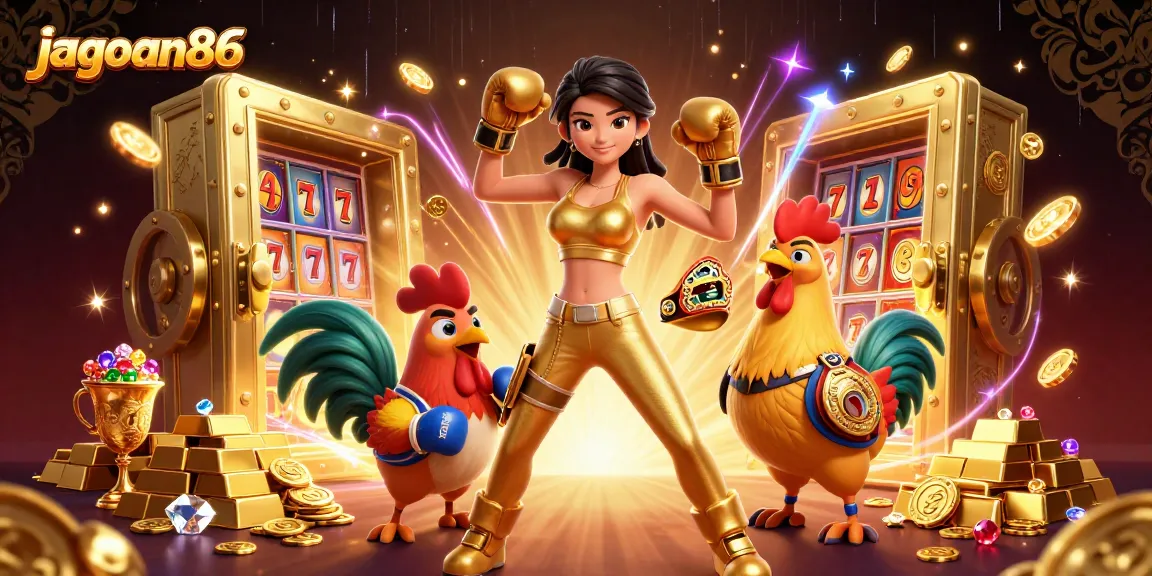 Experience thrilling wins at jagoan86, featuring an epic 3D casino showdown with a champion rooster.