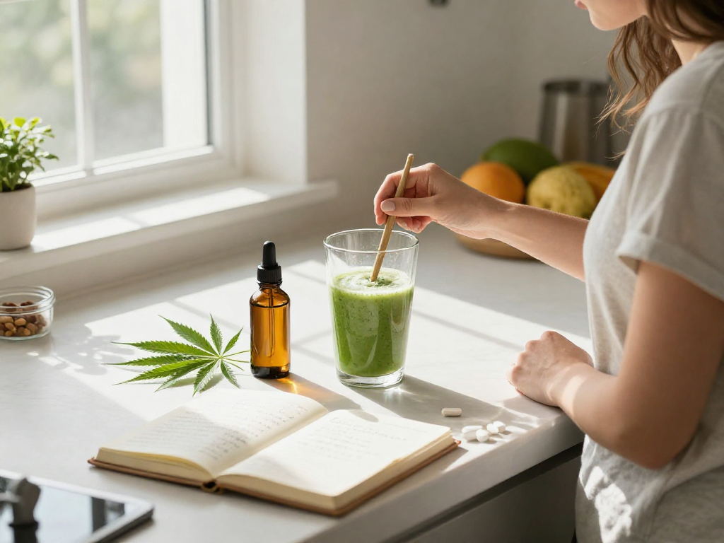 Buy edibles online with premium CBD oil and fresh hemp in a healthy lifestyle kitchen.