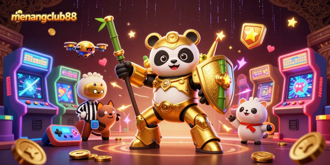 Experience the excitement of menangclub88 with a mech-suit panda battling in a vibrant gaming arena