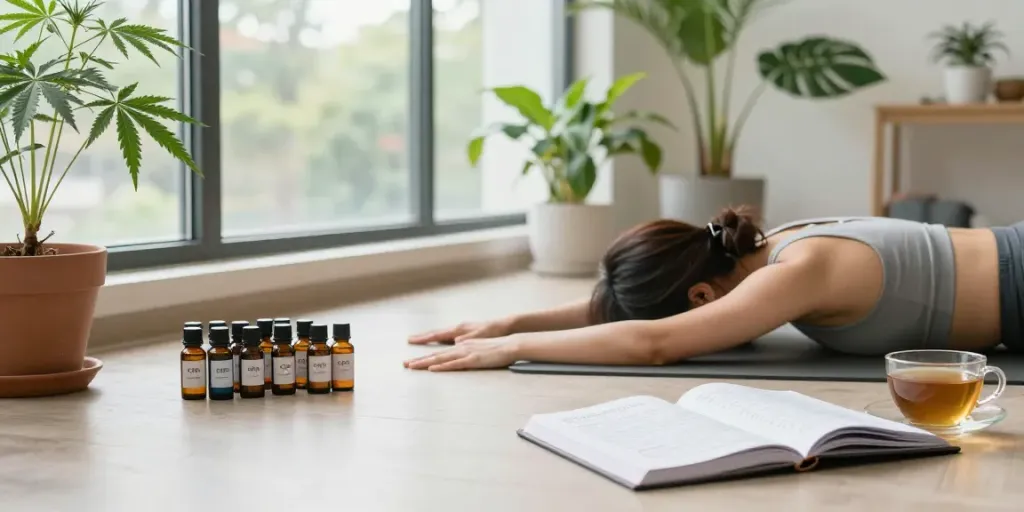 Buy live resin Canada in premium CBD wellness environment with oil bottles and hemp décor.