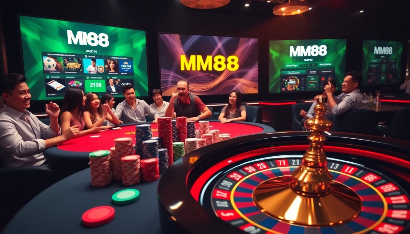 Experience the excitement of MM88 with an engaging online casino setting featuring poker and roulette.