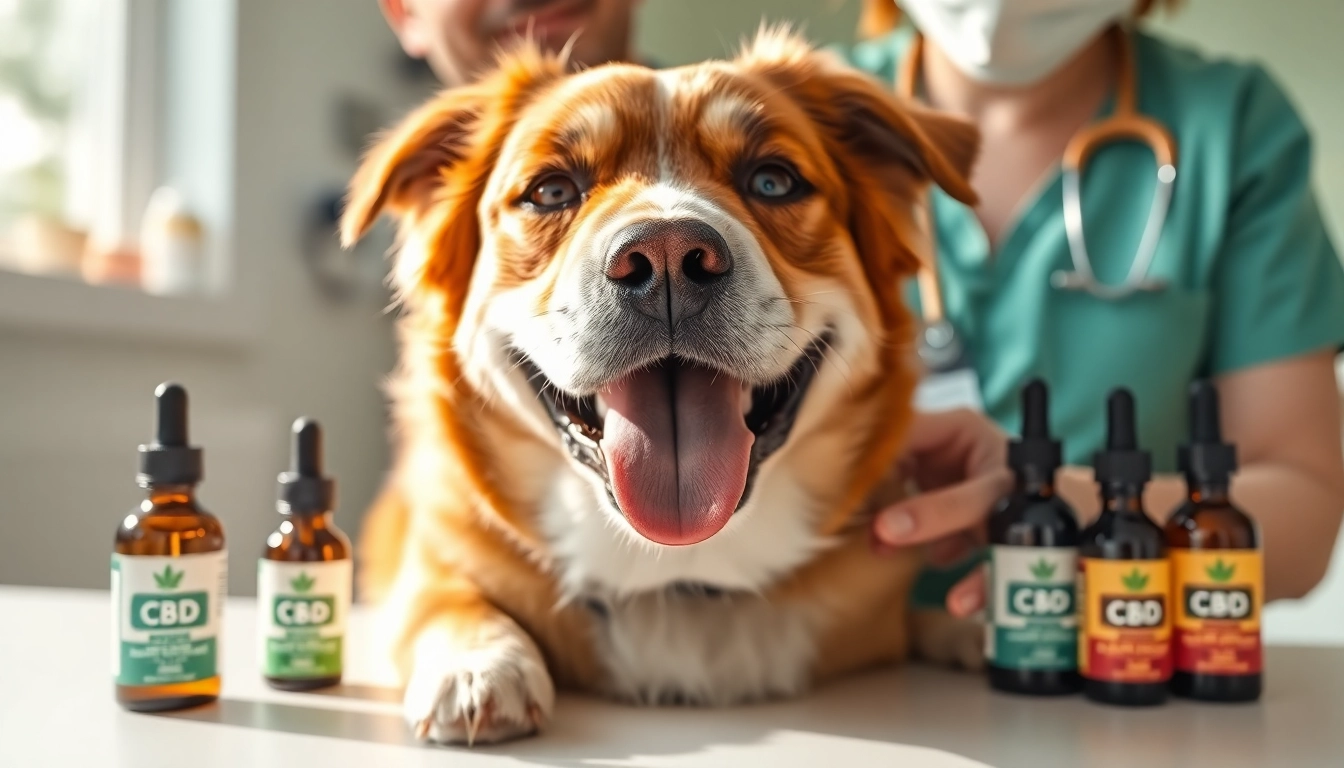 Vet examining a dog while showcasing CBD Oil For Dog bottles in a bright clinic.