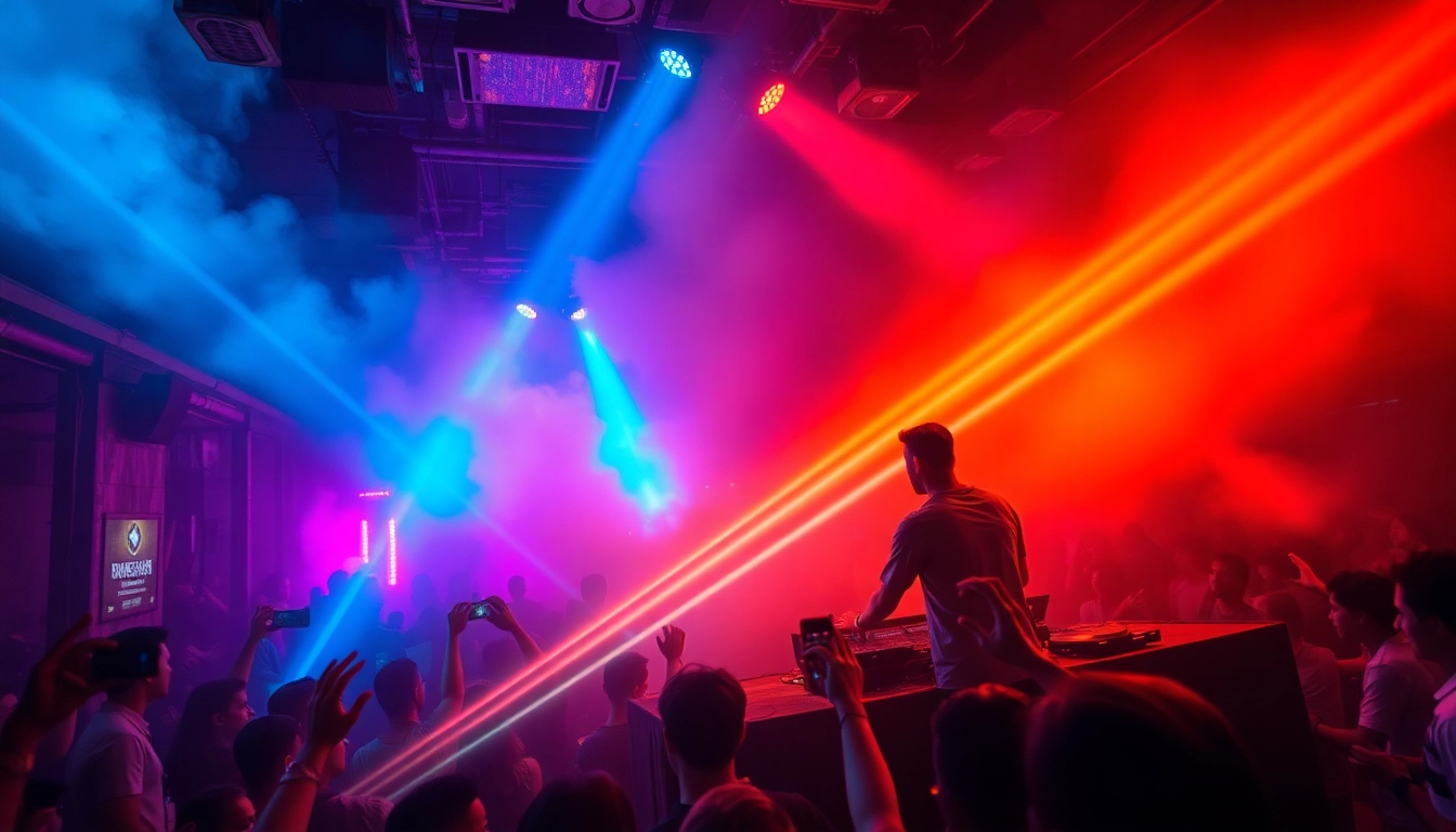 Capture the energetic atmosphere of a miami rave with vibrant lights and pulsating crowd.