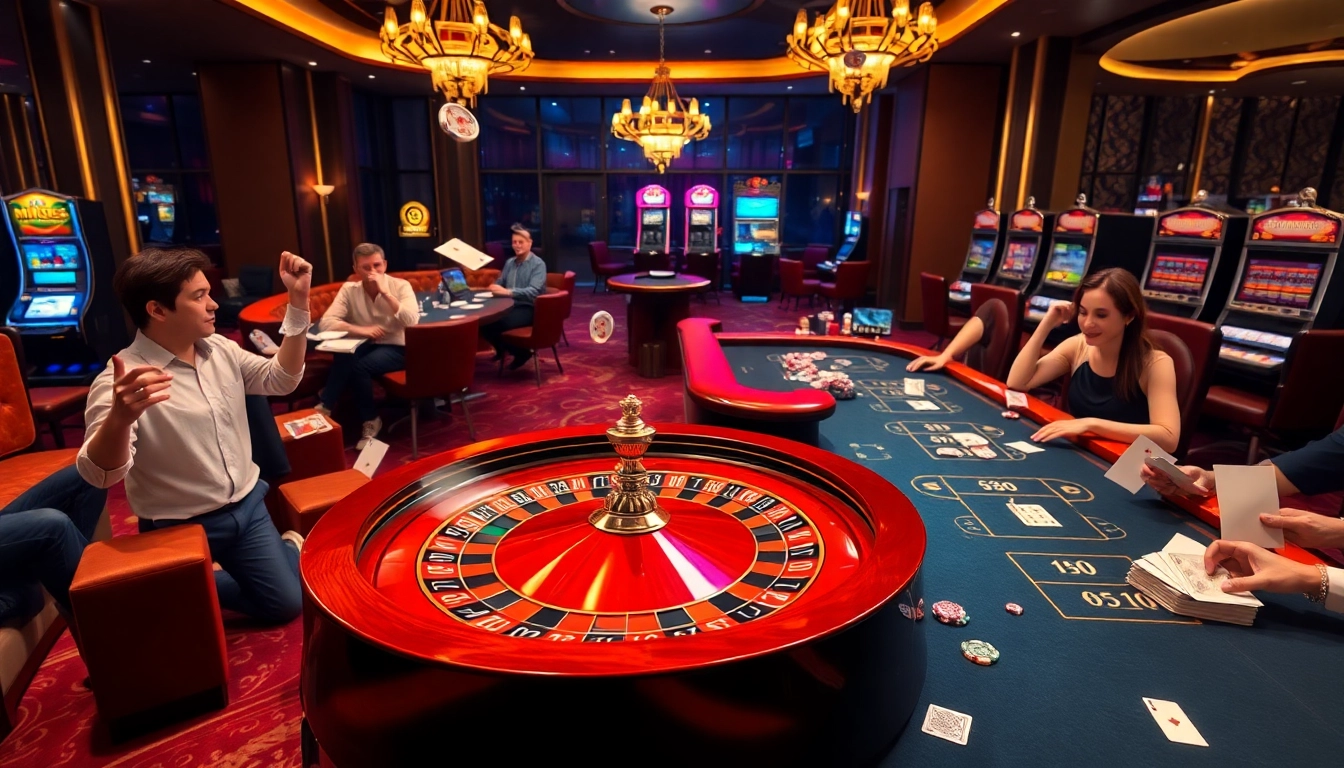 Exciting gameplay at MM88 casino with players engaging in roulette, poker, and slot machines.