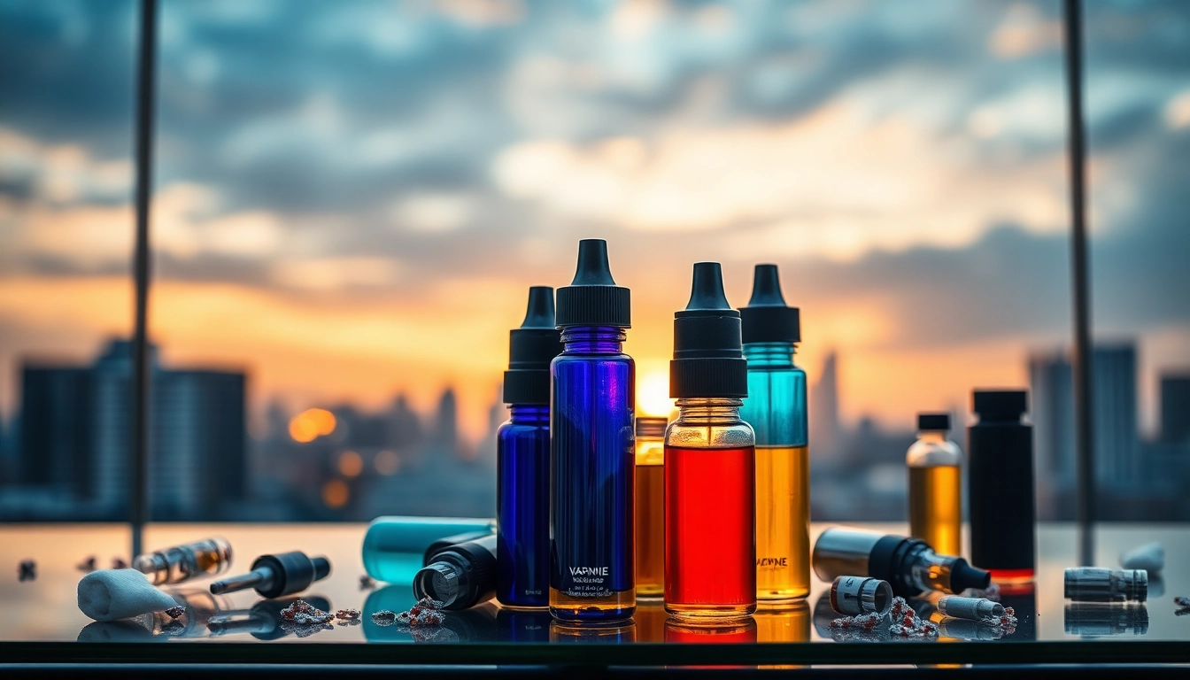 Shop vibrant vape & e-liquids with colorful bottles set against an urban skyline at sunset.