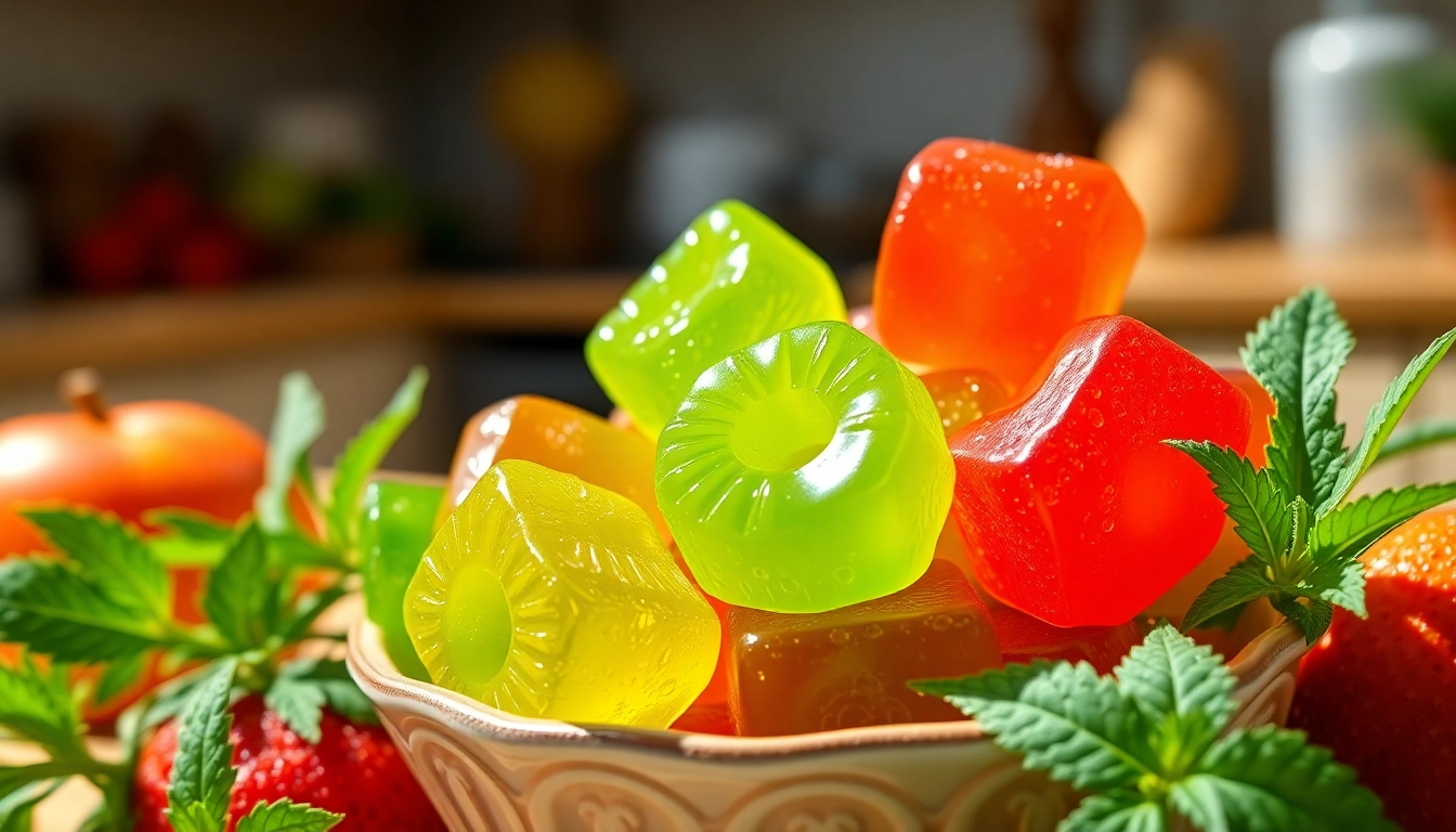 Delicious Weed Gummies showcased in a colorful bowl surrounded by fresh fruits and herbs.