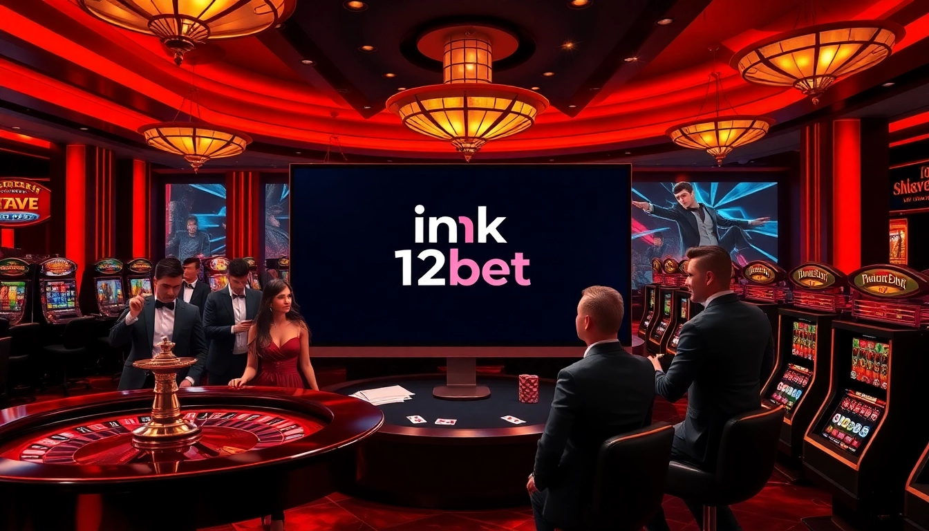 Engaging casino scene showcasing the excitement of ink vao 12bet with roulette wheel, poker cards, and vibrant slots.