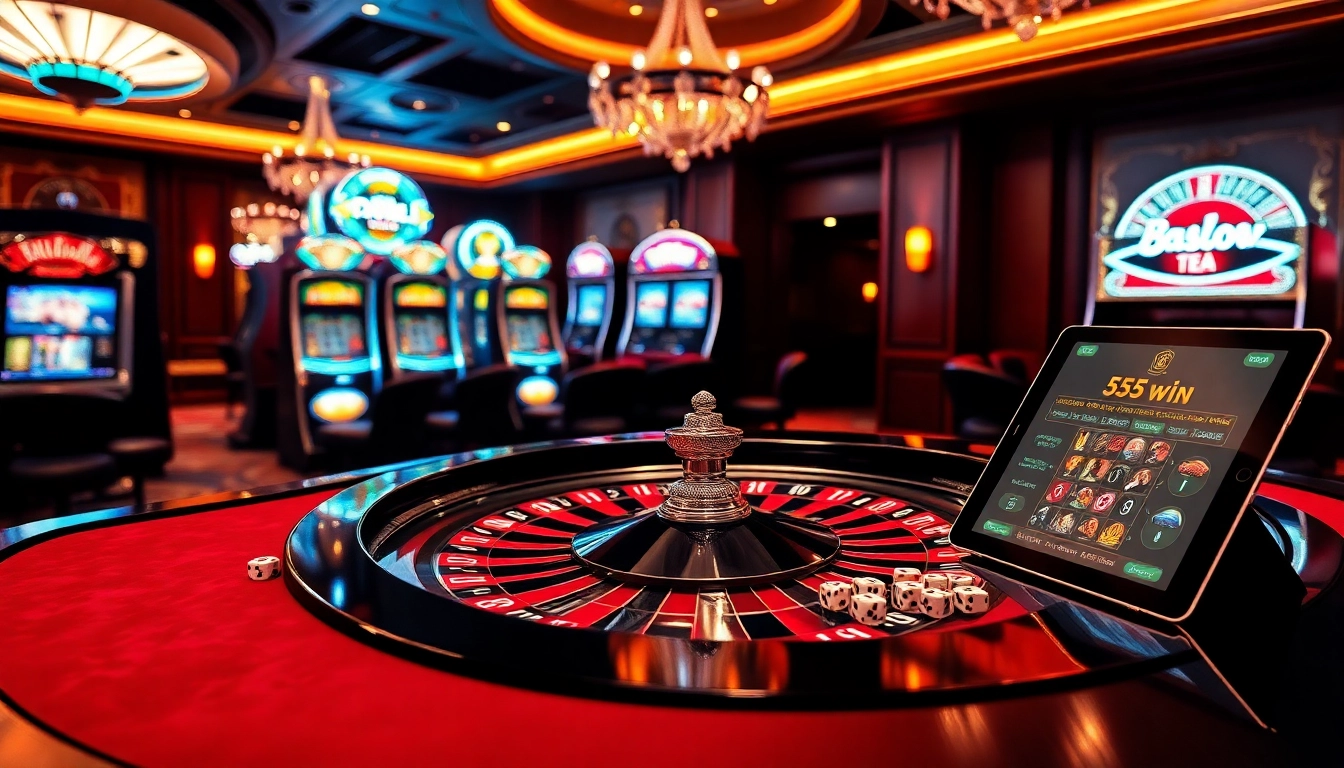 Experience the thrill of gambling with 555win at a luxurious casino featuring roulette and slot machines.