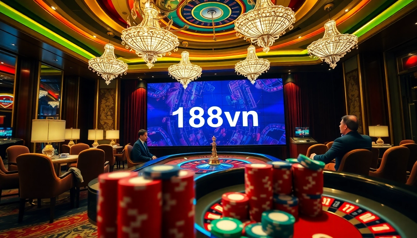 Engaged players enjoying a luxurious 168vn casino experience with poker chips and a roulette wheel.