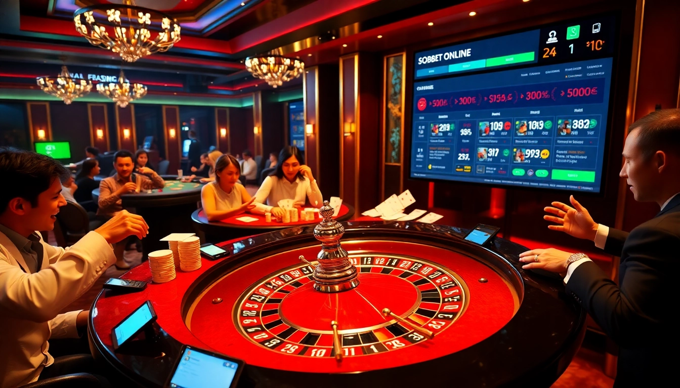 SBOBet online betting showcased at a lively casino with roulette and excited players.
