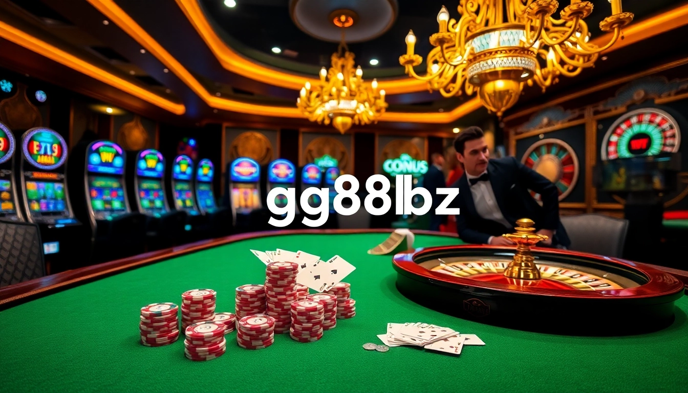 Experience thrilling gameplay at gg88bz's luxurious casino tables filled with vibrant poker chips and cards.
