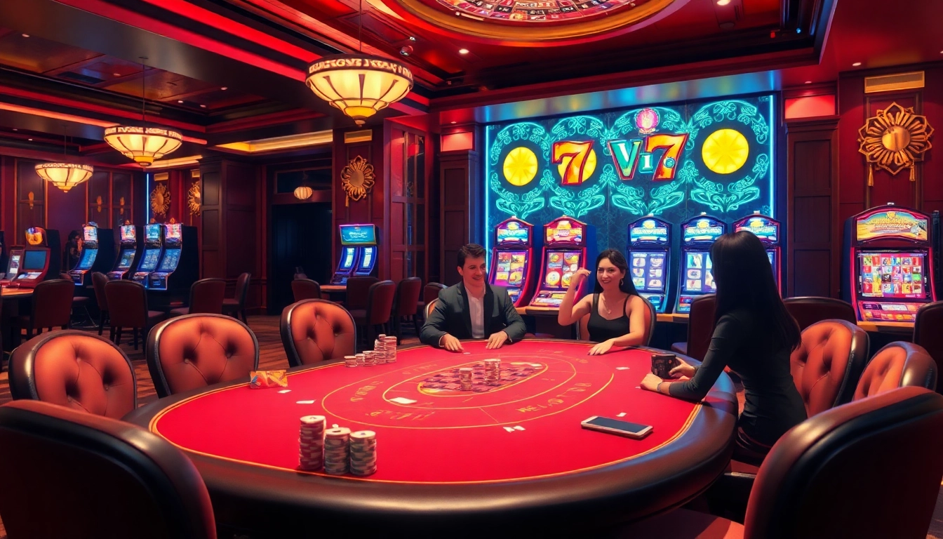 Players enjoying games at 777VIP's luxurious casino, winning chips at poker and roulette.