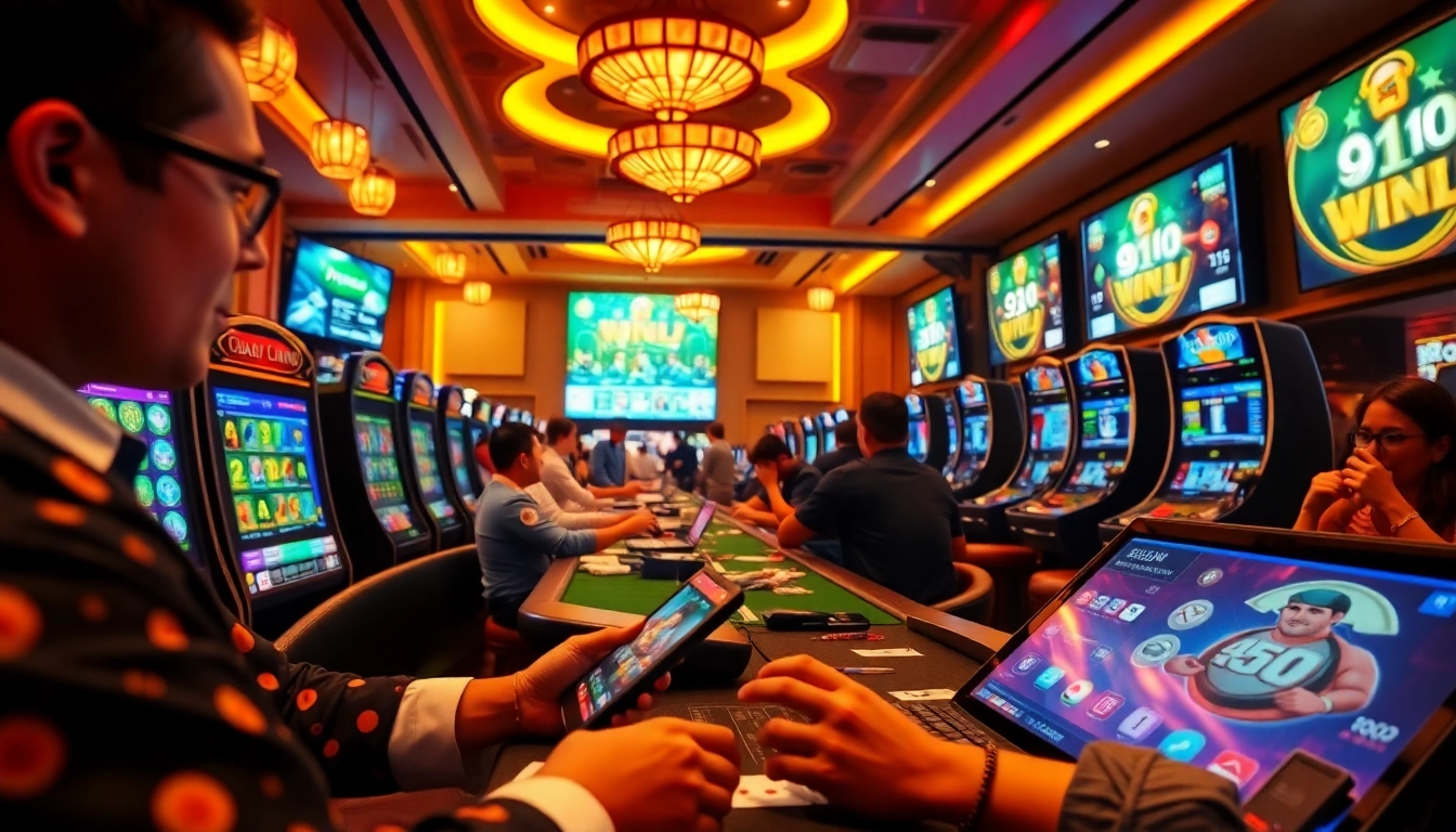 The exciting gaming experience at https://lucky88.direct/ showcasing vibrant online casino scenes with players immersed in various games.