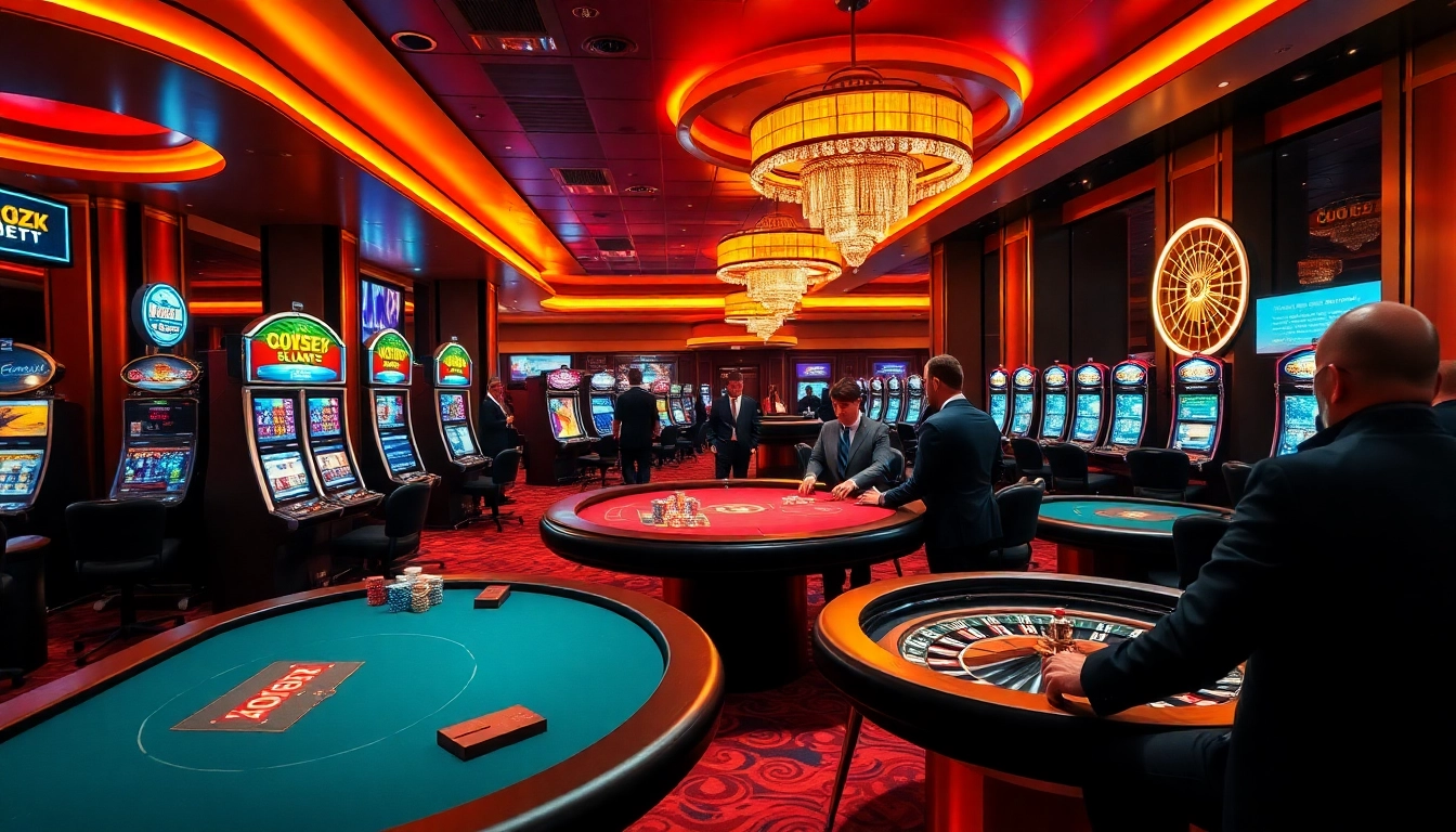 Experience the excitement of 7upbet in a luxurious casino setting with elegant poker tables and vibrant slot machines.