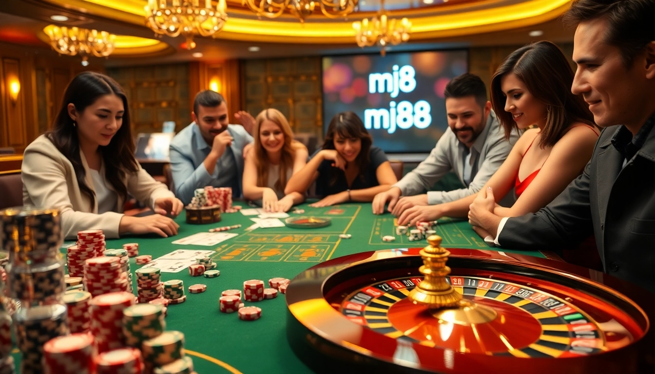 Experience excitement at the mm88 kjc casino with vibrant gaming tables, poker chips, and roulette.